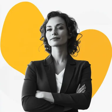 Bold, diverse leader in a high-end membership community. Black and white grayscale photography with saffron or coral shape overlays. Isolated on a white background.