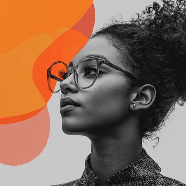 Bold, diverse leader in a high-end membership community. Black and white grayscale photography with saffron or coral shape overlays. Isolated on a white background.