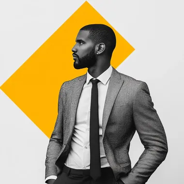 Bold, diverse leader in a high-end membership community. Black and white grayscale photography with saffron or coral shape overlays. Isolated on a white background.