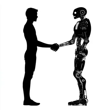 black silhouette of a man and a black silhouette of a robot shaking hands. isolated on white background