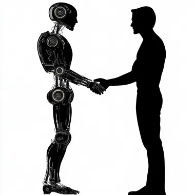 black silhouette of a man and a black silhouette of a robot shaking hands. isolated on white background