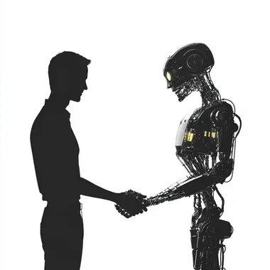 black silhouette of a man and a black silhouette of a robot shaking hands. isolated on white background