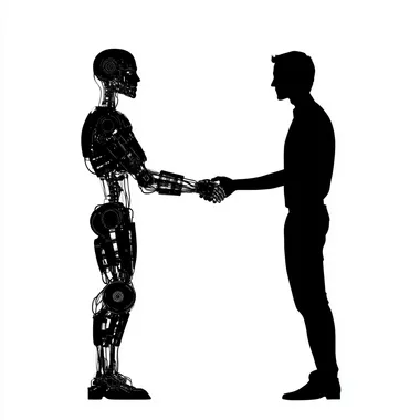 black silhouette of a man and a black silhouette of a robot shaking hands. isolated on white background