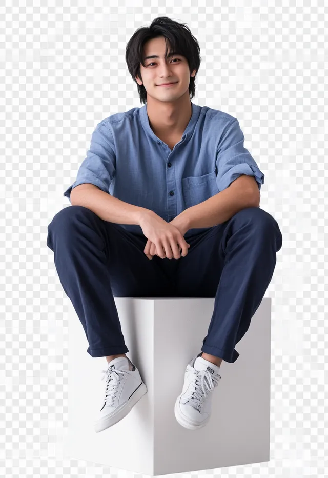 Relaxed Smile: Young Japanese Man on a White Cube