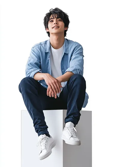 Photo of a young Japanese man in a blue shirt, navy pants and sneakers sitting relaxed on the edge of a white cube, face turned to the side, smiling, transparent background, PNG format