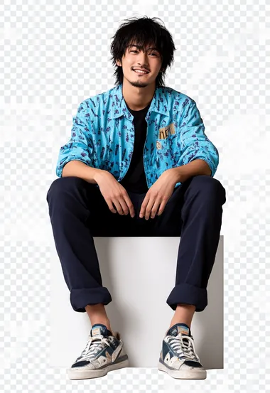 Photo of a young Japanese man in a blue shirt, navy pants and sneakers sitting relaxed on the edge of a white cube, face turned to the side, smiling, transparent background, PNG format