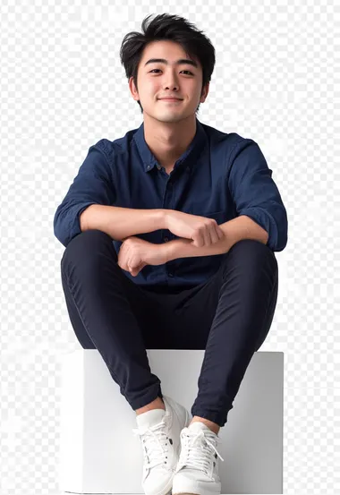 Photo of a young Japanese man in a blue shirt, navy pants and sneakers sitting relaxed on the edge of a white cube, face turned to the side, smiling, transparent background, PNG format