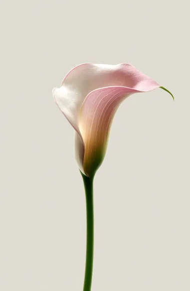 A calla lily with soft pink petals and a green stem, set against a white background, in the style of Masao Yamamoto. The lighting is soft, the composition is simple and elegant, and the close-up shot is captured in high-definition photography.
