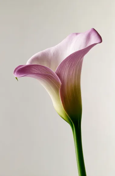 A calla lily with soft pink petals and a green stem, set against a white background, in the style of Masao Yamamoto. The lighting is soft, the composition is simple and elegant, and the close-up shot is captured in high-definition photography.