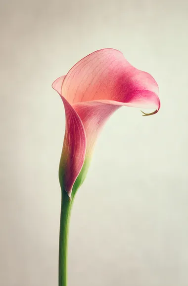 A calla lily with soft pink petals and a green stem, set against a white background, in the style of Masao Yamamoto. The lighting is soft, the composition is simple and elegant, and the close-up shot is captured in high-definition photography.