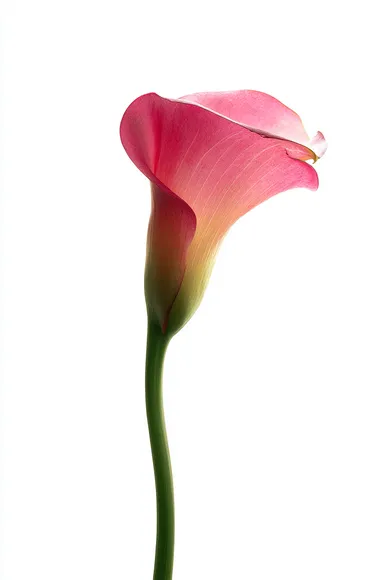 A calla lily with soft pink petals and a green stem, set against a white background, in the style of Masao Yamamoto. The lighting is soft, the composition is simple and elegant, and the close-up shot is captured in high-definition photography.