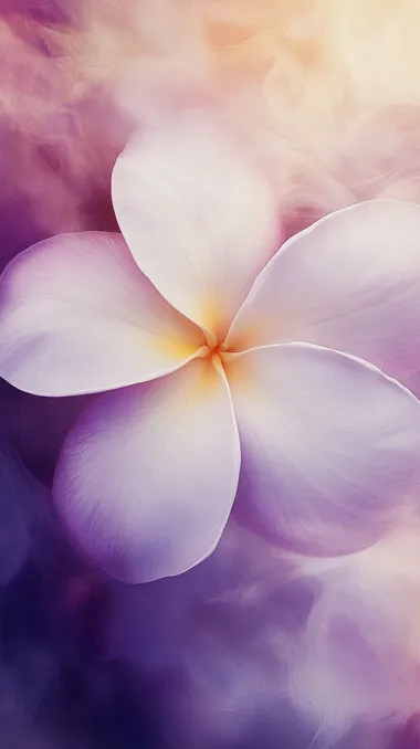 Macro photograph of a fully bloomed Plumeria flower with natural white petals and a soft yellow center. The background features a plum tone with subtle indigo accents, creating a soft gradient and a dreamy atmosphere. The lighting is soft and diffused, enhancing the textures and intricate details of the petals. Professional macro photography settings: 100mm lens, aperture f/8 for optimal depth of field, ISO 100 for minimal noise, shutter speed 1/200 sec. 8K resolution, high detail, sharp focus, photorealistic style   --s 50