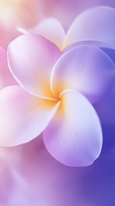 Macro photograph of a fully bloomed Plumeria flower with natural white petals and a soft yellow center. The background features a plum tone with subtle indigo accents, creating a soft gradient and a dreamy atmosphere. The lighting is soft and diffused, enhancing the textures and intricate details of the petals. Professional macro photography settings: 100mm lens, aperture f/8 for optimal depth of field, ISO 100 for minimal noise, shutter speed 1/200 sec. 8K resolution, high detail, sharp focus, photorealistic style   --s 50