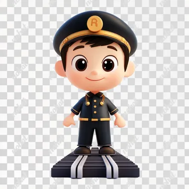 a cute cartoon 2d baby train conductor on white background for a character design