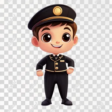 a cute cartoon 2d baby train conductor on white background for a character design