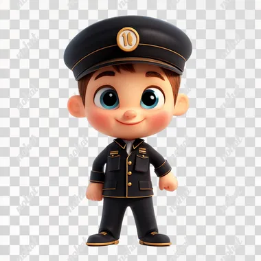 a cute cartoon 2d baby train conductor on white background for a character design