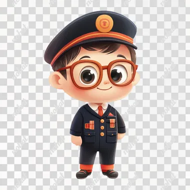 a cute cartoon 2d baby train conductor on white background for a character design