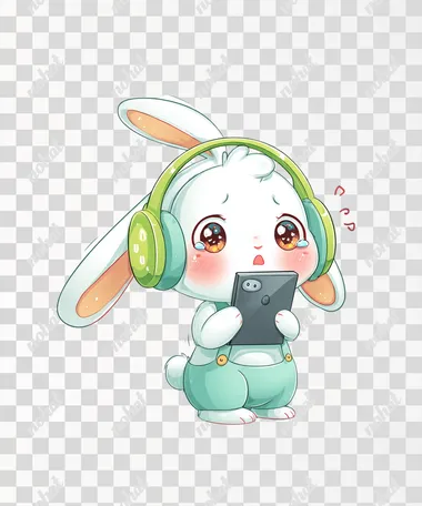 a super cute mascot-style white bunny character, round chibi shape with floppy ears, wearing oversized green headphones, crouching in a shy pose, holding a smartphone with big sparkling anxious eyes and blushing cheeks, small trembling body, soft pastel tones, bold outlines, kawaii cartoon style, clean vector art, full body, no background, white backdrop only, character placed at lower center of frame, top part left blank for text  rofile ycisw45
