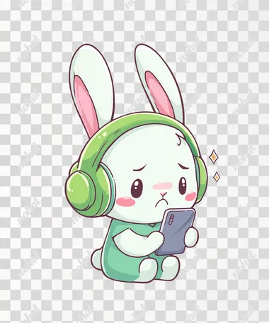 a super cute mascot-style white bunny character, round chibi shape with floppy ears, wearing oversized green headphones, crouching in a shy pose, holding a smartphone with big sparkling anxious eyes and blushing cheeks, small trembling body, soft pastel tones, bold outlines, kawaii cartoon style, clean vector art, full body, no background, white backdrop only, character placed at lower center of frame, top part left blank for text  rofile ycisw45