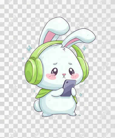 a super cute mascot-style white bunny character, round chibi shape with floppy ears, wearing oversized green headphones, crouching in a shy pose, holding a smartphone with big sparkling anxious eyes and blushing cheeks, small trembling body, soft pastel tones, bold outlines, kawaii cartoon style, clean vector art, full body, no background, white backdrop only, character placed at lower center of frame, top part left blank for text  rofile ycisw45