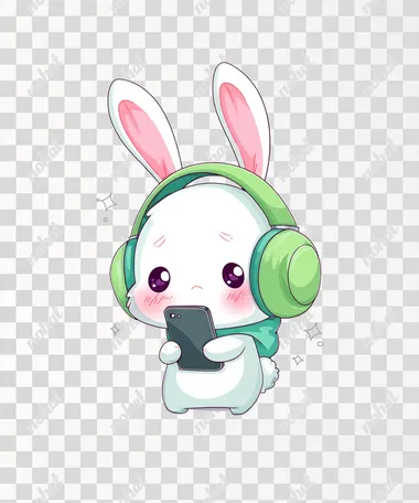a super cute mascot-style white bunny character, round chibi shape with floppy ears, wearing oversized green headphones, crouching in a shy pose, holding a smartphone with big sparkling anxious eyes and blushing cheeks, small trembling body, soft pastel tones, bold outlines, kawaii cartoon style, clean vector art, full body, no background, white backdrop only, character placed at lower center of frame, top part left blank for text  rofile ycisw45