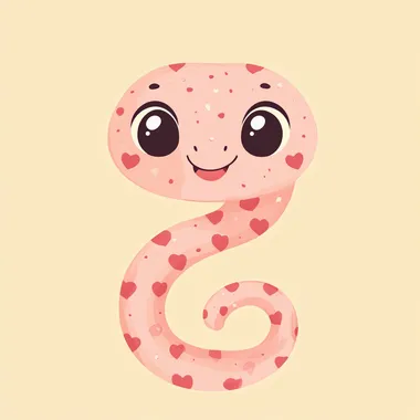 Cute snake in kawaii style, pastel background, simple design, flat vector graphic illustration, sticker art, cute doodle, flat colors, simple shapes, simple lines, cute character design, simple background, no shadow, cute snake with heart shaped spots on its body, smiling face, simple facial features, cute eyes, smiling mouth, simple cartoon drawing, simple lines, vector graphics, simple coloring, sticker art, cute doodle.