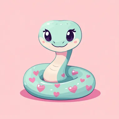 Cute snake in kawaii style, pastel background, simple design, flat vector graphic illustration, sticker art, cute doodle, flat colors, simple shapes, simple lines, cute character design, simple background, no shadow, cute snake with heart shaped spots on its body, smiling face, simple facial features, cute eyes, smiling mouth, simple cartoon drawing, simple lines, vector graphics, simple coloring, sticker art, cute doodle.