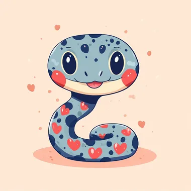 Cute snake in kawaii style, pastel background, simple design, flat vector graphic illustration, sticker art, cute doodle, flat colors, simple shapes, simple lines, cute character design, simple background, no shadow, cute snake with heart shaped spots on its body, smiling face, simple facial features, cute eyes, smiling mouth, simple cartoon drawing, simple lines, vector graphics, simple coloring, sticker art, cute doodle.