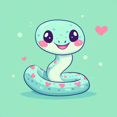 Cute snake in kawaii style, pastel background, simple design, flat vector graphic illustration, sticker art, cute doodle, flat colors, simple shapes, simple lines, cute character design, simple background, no shadow, cute snake with heart shaped spots on its body, smiling face, simple facial features, cute eyes, smiling mouth, simple cartoon drawing, simple lines, vector graphics, simple coloring, sticker art, cute doodle.