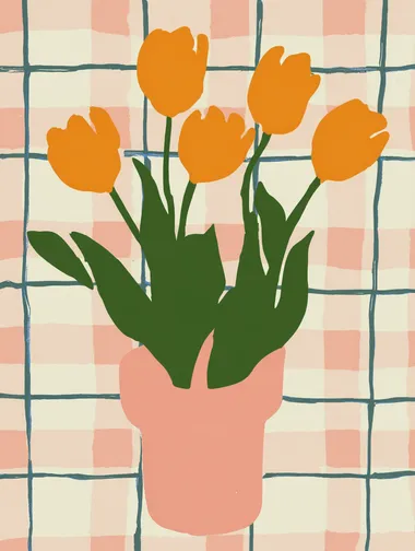 flat minimalist illustration of orange tulips in a pink pot, placed against a pink and green checkerboard background, bold dopamine decor colours, clean 2D shapes, no outlines, no shadows, no text, modern flat style, centred composition  --raw          rofile 2j1u1o6