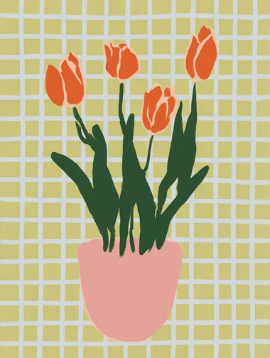 flat minimalist illustration of orange tulips in a pink pot, placed against a pink and green checkerboard background, bold dopamine decor colours, clean 2D shapes, no outlines, no shadows, no text, modern flat style, centred composition  --raw          rofile 2j1u1o6