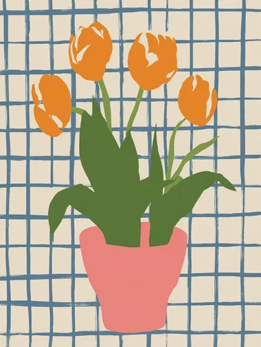 flat minimalist illustration of orange tulips in a pink pot, placed against a pink and green checkerboard background, bold dopamine decor colours, clean 2D shapes, no outlines, no shadows, no text, modern flat style, centred composition  --raw          rofile 2j1u1o6
