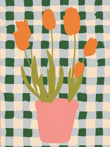 flat minimalist illustration of orange tulips in a pink pot, placed against a pink and green checkerboard background, bold dopamine decor colours, clean 2D shapes, no outlines, no shadows, no text, modern flat style, centred composition  --raw          rofile 2j1u1o6