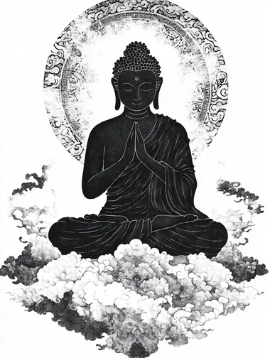 A black-and-white pointillist drawing of the silhouette of Buddha, sitting on top of clouds with his hands folded in prayer. The artwork is composed entirely of dots, creating an intricate pattern that forms details such as facial features, , arms, and legs. A large halo or light around him has also been created by these small dots. In the style of traditional Chinese calligraphy, the background includes auspicious symbols like cloud patterns and mountains. It's a simple yet elegant design.