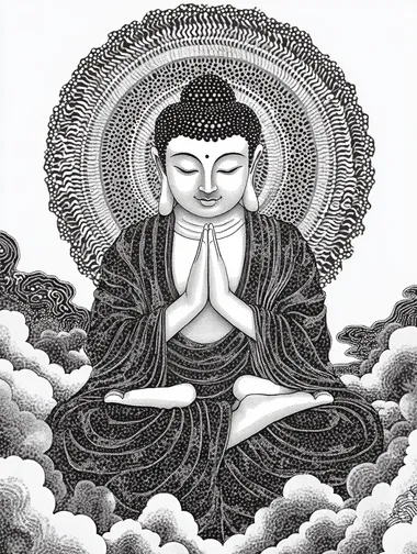 A black-and-white pointillist drawing of the silhouette of Buddha, sitting on top of clouds with his hands folded in prayer. The artwork is composed entirely of dots, creating an intricate pattern that forms details such as facial features, , arms, and legs. A large halo or light around him has also been created by these small dots. In the style of traditional Chinese calligraphy, the background includes auspicious symbols like cloud patterns and mountains. It's a simple yet elegant design.