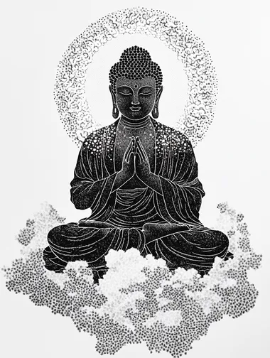 A black-and-white pointillist drawing of the silhouette of Buddha, sitting on top of clouds with his hands folded in prayer. The artwork is composed entirely of dots, creating an intricate pattern that forms details such as facial features, , arms, and legs. A large halo or light around him has also been created by these small dots. In the style of traditional Chinese calligraphy, the background includes auspicious symbols like cloud patterns and mountains. It's a simple yet elegant design.