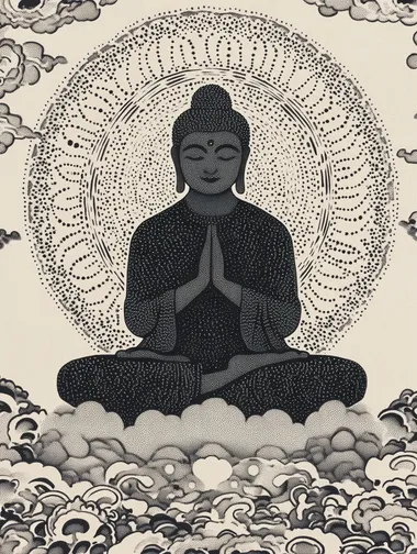 A black-and-white pointillist drawing of the silhouette of Buddha, sitting on top of clouds with his hands folded in prayer. The artwork is composed entirely of dots, creating an intricate pattern that forms details such as facial features, , arms, and legs. A large halo or light around him has also been created by these small dots. In the style of traditional Chinese calligraphy, the background includes auspicious symbols like cloud patterns and mountains. It's a simple yet elegant design.
