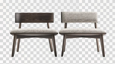 a modern dining bench in dark oak wood a backrest and fabric cushions. In the style of minotti. Product photography in an all white studio environment. Front view and perspective view
