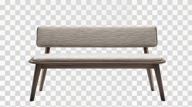 a modern dining bench in dark oak wood a backrest and fabric cushions. In the style of minotti. Product photography in an all white studio environment. Front view and perspective view