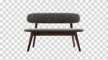 a modern dining bench in dark oak wood a backrest and fabric cushions. In the style of minotti. Product photography in an all white studio environment. Front view and perspective view