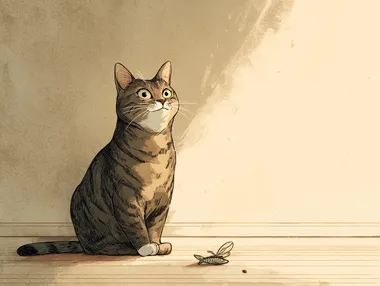 Ghibli style illustration, a content brown tabby cat sitting gracefully beside a single, small dried fish treat resting on the floor. A soft beam of sunlight highlights the cat and its little treasure. The cat has a calm, satisfied expression, embodying quiet self-worth and appreciation for small things. Simple, warm background.