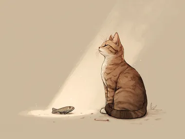 Ghibli style illustration, a content brown tabby cat sitting gracefully beside a single, small dried fish treat resting on the floor. A soft beam of sunlight highlights the cat and its little treasure. The cat has a calm, satisfied expression, embodying quiet self-worth and appreciation for small things. Simple, warm background.