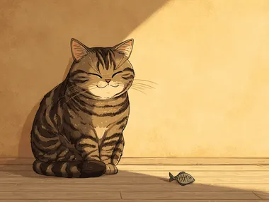 Ghibli style illustration, a content brown tabby cat sitting gracefully beside a single, small dried fish treat resting on the floor. A soft beam of sunlight highlights the cat and its little treasure. The cat has a calm, satisfied expression, embodying quiet self-worth and appreciation for small things. Simple, warm background.