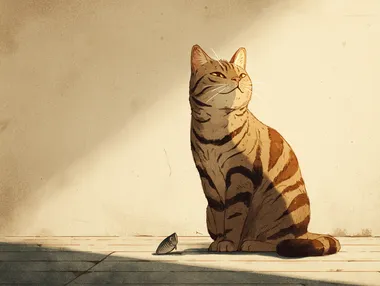 Ghibli style illustration, a content brown tabby cat sitting gracefully beside a single, small dried fish treat resting on the floor. A soft beam of sunlight highlights the cat and its little treasure. The cat has a calm, satisfied expression, embodying quiet self-worth and appreciation for small things. Simple, warm background.