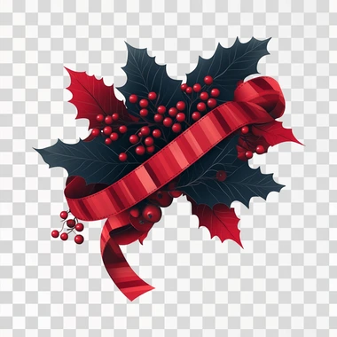 vector graphic of holly leaves and red berries wrapped in striped red ribbon, on white background