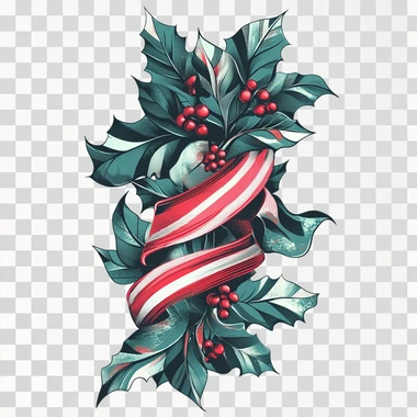 vector graphic of holly leaves and red berries wrapped in striped red ribbon, on white background