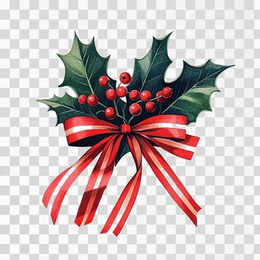 vector graphic of holly leaves and red berries wrapped in striped red ribbon, on white background