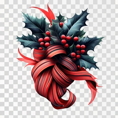 vector graphic of holly leaves and red berries wrapped in striped red ribbon, on white background