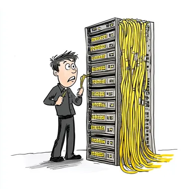 cartoon drawing of a technician looking alarmed holding a cable infront of a server rack with lots of yellow cables hanging on one side of it, hand drawn, white background, simplistic.