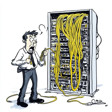 cartoon drawing of a technician looking alarmed holding a cable infront of a server rack with lots of yellow cables hanging on one side of it, hand drawn, white background, simplistic.